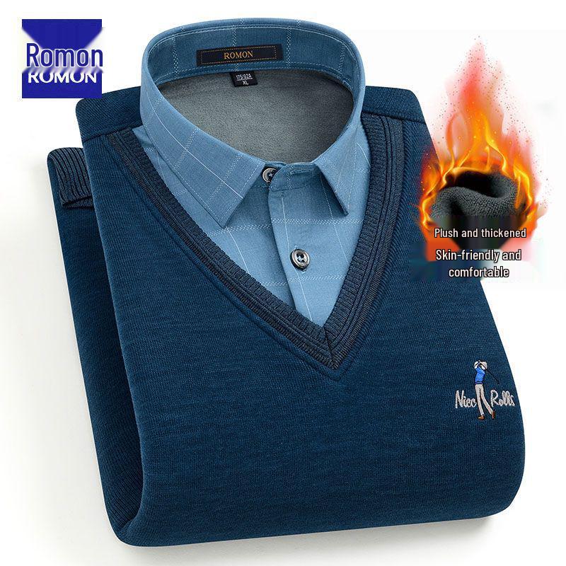 Romon Men's Winter V-Neck Sweater: Faux Two-Piece, Thick Velvet, Warm Knitwear for Middle-Aged and Elderly
