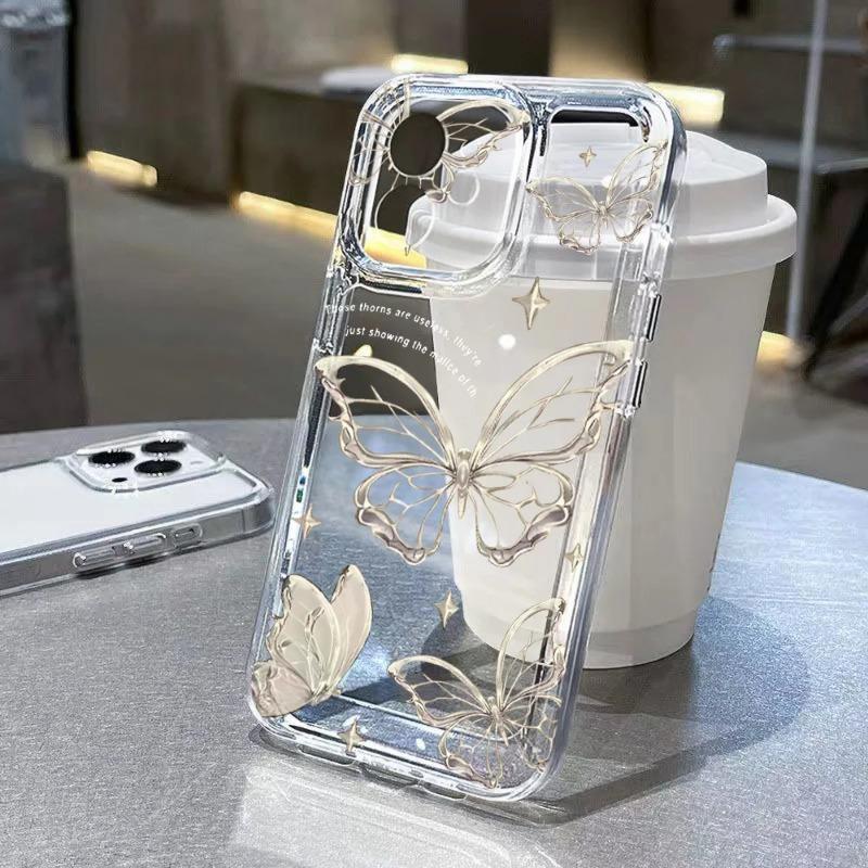 Gold Butterfly Phone Case For iPhone 17 16 15 11 13 12 14 Pro Max 16e Air 7 8 Plus XR Soft TPU Transparent Cover