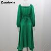 New Autumn Sexy Slit Dress for Women, Long Wrinkle Fabric Midi Skirt Female French Style Long Sleeve Square Neck Dress
