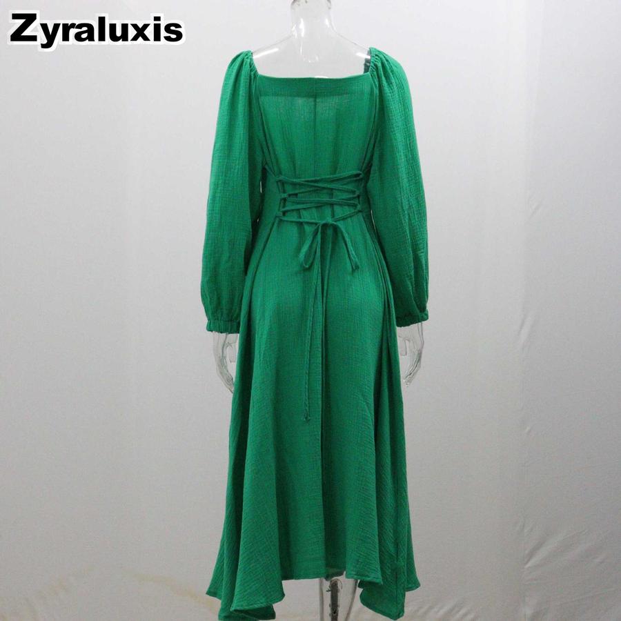 New Autumn Sexy Slit Dress for Women, Long Wrinkle Fabric Midi Skirt Female French Style Long Sleeve Square Neck Dress