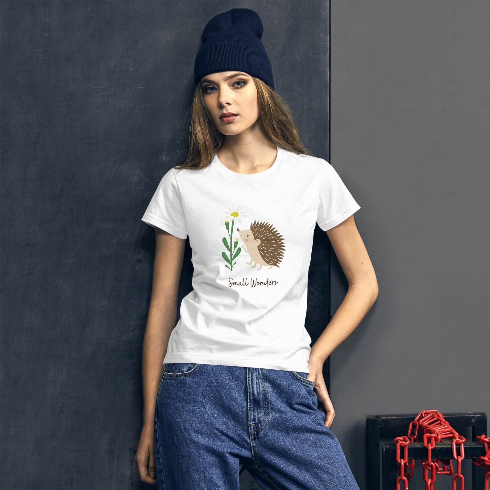 Small Wonders Hedgehog T-Shirt - Cute Hedgehog & Flower Graphic Tee - Nature Inspired Casual Top - Soft Cotton Animal Shirt S