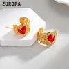 18K Gold Geometric Red Drip Oil Heart Hoop Earrings for Women - Light Luxury Design
