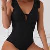 TS JYL-BK113 Solid Ruffle Swimsuit, Deep V Backless Swimwear For Beach