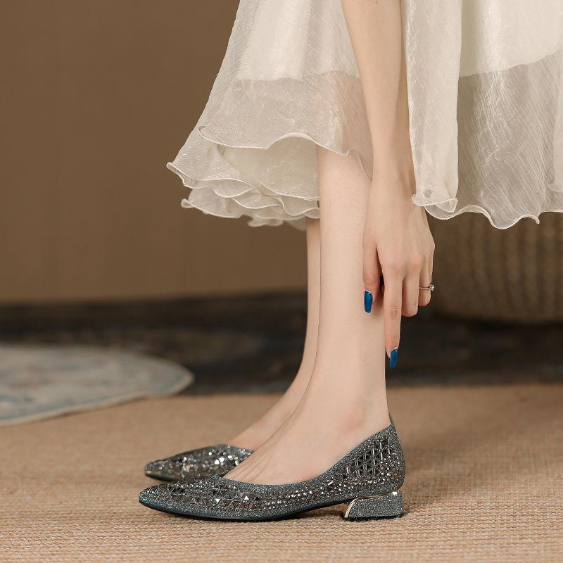 Fashion FHC New Women Rhinestone Flats,Soft Working Shoes,Summer Low Heels,Hollow Out,Slip On,Pointed Toe,Black,Grey,Dropship