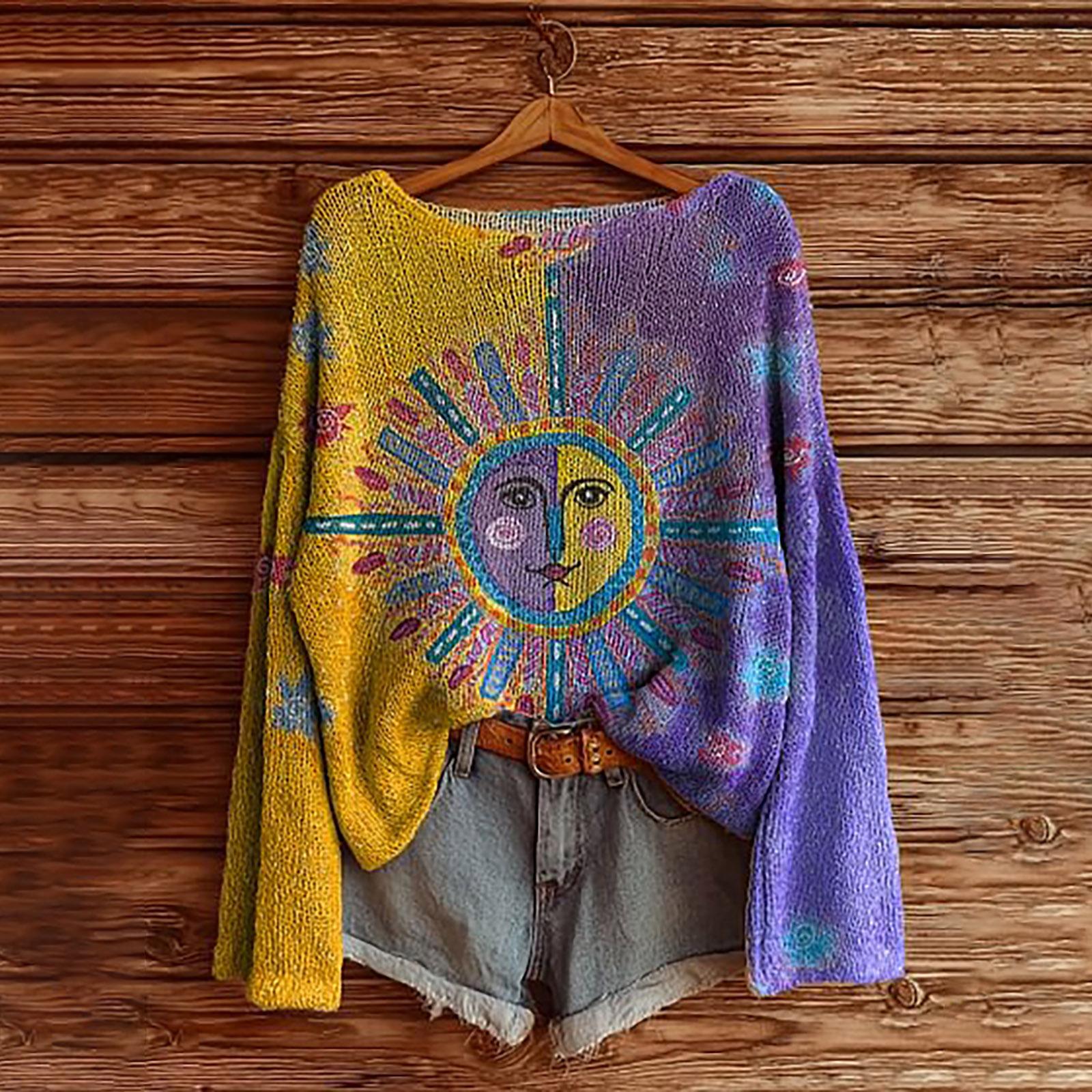 Women s Boat Neck Long Sleeve Floral Print Knit Sweater Regular Fit Casual Pullover S