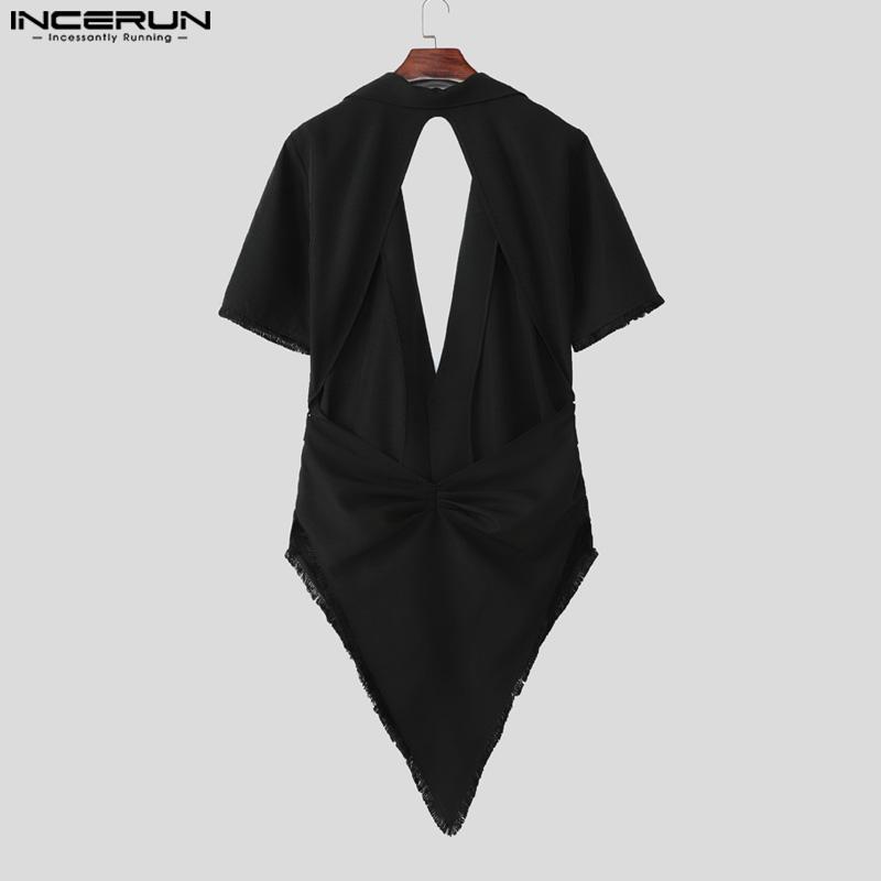 INCERUN Men V Neck Short Sleeve Lace-up Waist Back Cutout Irregular Long Tops T-shirts