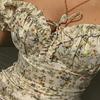 Summer Floral Off Shoulder Puff Sleeve Maxi Dress for Woman Robe Sexy Lace Up Side Split Chic Mid-Calf Aesthetic Dress