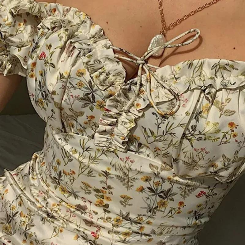 Summer Floral Off Shoulder Puff Sleeve Maxi Dress for Woman Robe Sexy Lace Up Side Split Chic Mid-Calf Aesthetic Dress