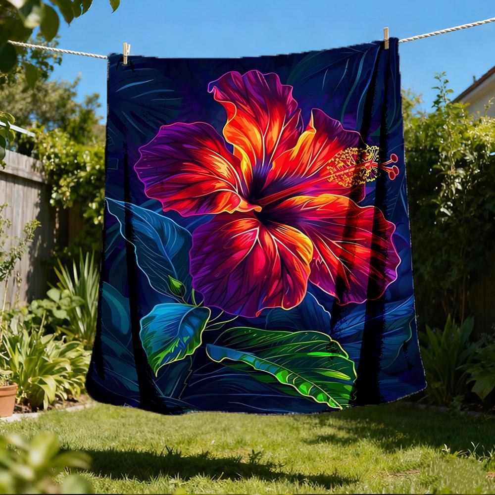1pc Hibiscus Flower Print Throw Blanket Polyester Fiber, Lightweight Flannel, Soft & Warm, All Season Use for Outdoor, Camping Digital Print