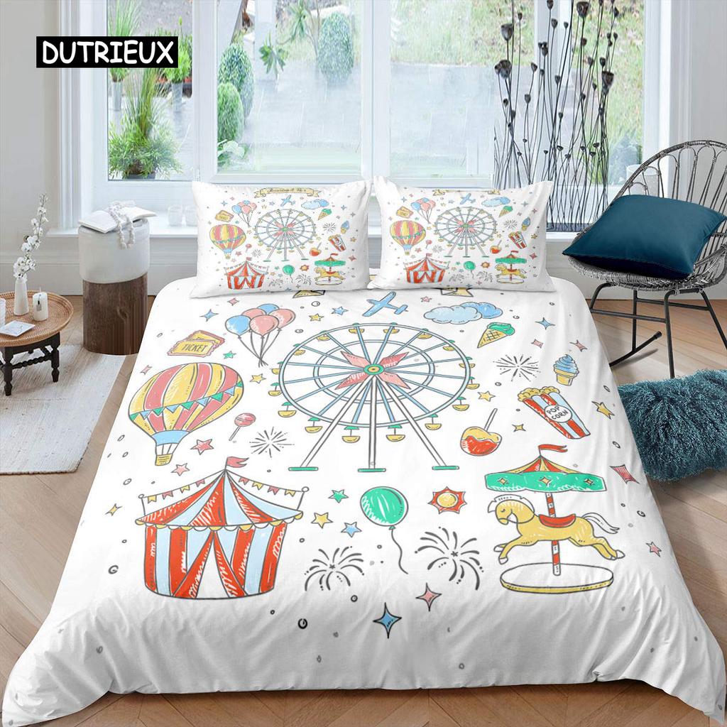Amusement Park Duvet Cover Set Polyester Ferris Wheel Ball Bedding Set Girl Cartoon Fairy Tale Queen Size 2/3pcs Comforter Cover