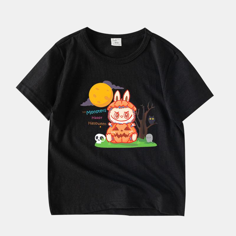 LABUBU Children's Short-sleeved T-shirt, 8 Colors, Comfortable T-shirt for Girls, Cute Cartoon Style,Halloween pumpkin LABUBU, Round Neck Top for Kids