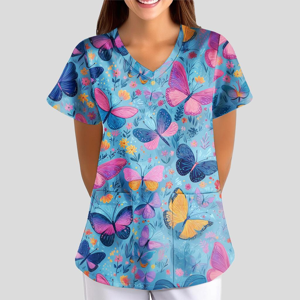 Women's Cartoon Cute Print Loose V-Neck Pocket Short-Sleeve  Uniform