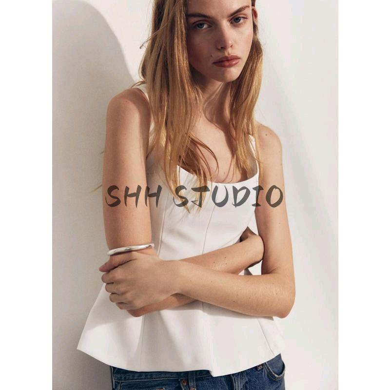 Spring New Women's Clothing Sleeveless Square Collar Cropped Short Skirt Hem Stretch Comfortable Top 2180011