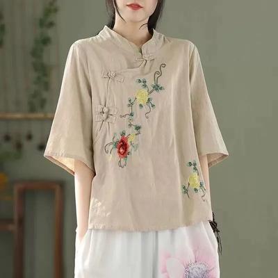 Damen Sommer Stehkragen Retro Ethno-Stil Bestickte Bluse Einfarbig Mittelärmlig Elegante Oberteile
