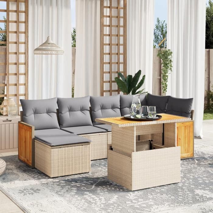 VidaXL Salon de Jardin avec Coussins 7 pcs, Canapés de Terrasse, Ensemble de Meubles de Patio, Mobilier d'Extérieur, Beige 3274062