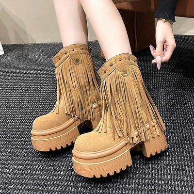 Fashion Women Tassels High Heels 9CM Thick Platform Short Boots Leather Chunky Shoes Woman Autumn Winter Platform Motorcycle Boots Botas