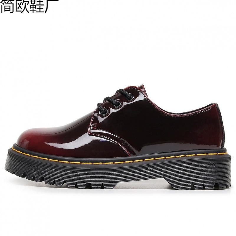 1 thick bottom hole small leather shoes female, low top leather discoloration red round head casual student medium thick loose