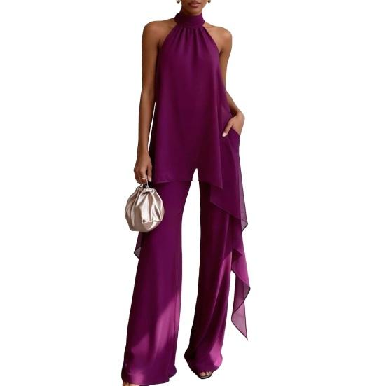 Women's Chiffon 2 Piece Sets, Asymmetrical Halter Sleeveless Tops with Wide Leg Pants Summer Outfits, Casual Vacation Lounge Matching Set