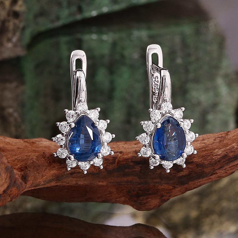 Simple design 925 sterling silver earrings 3.52ct natural kyanite pear 6*8mm gesmtones fine jewelry for women Banquet Party wear
