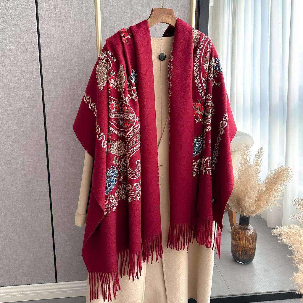 Winter Warm Cashmere Scarf for Women Floral Embroidery Pashmina Blanket Thick Shawl Wrap Neckerchief Elegant Poncho Bufanda