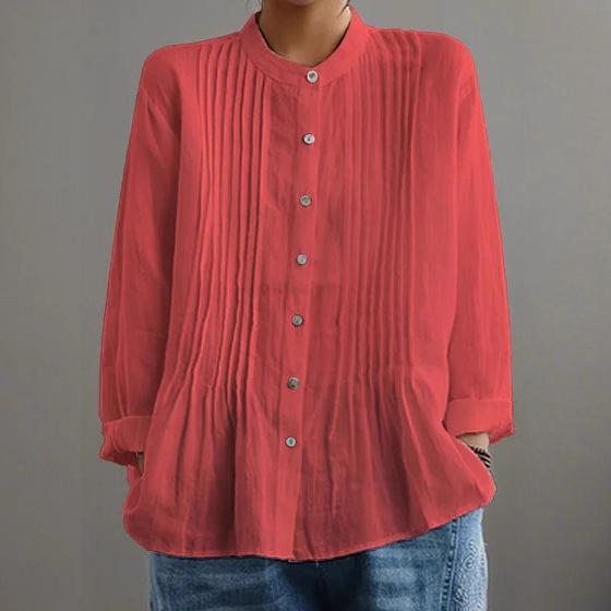 Women's Stand Collar Loose Fit Long Sleeve Button Down Shirt with Front Pleats