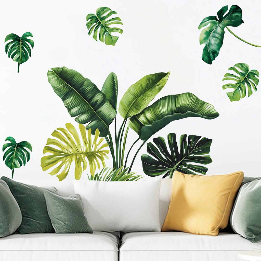 Tropical Green Plant Leaf Butterfly Wall Sticker Self-Adhesive Home Decor for Living Room Bedroom Entrance Decoration