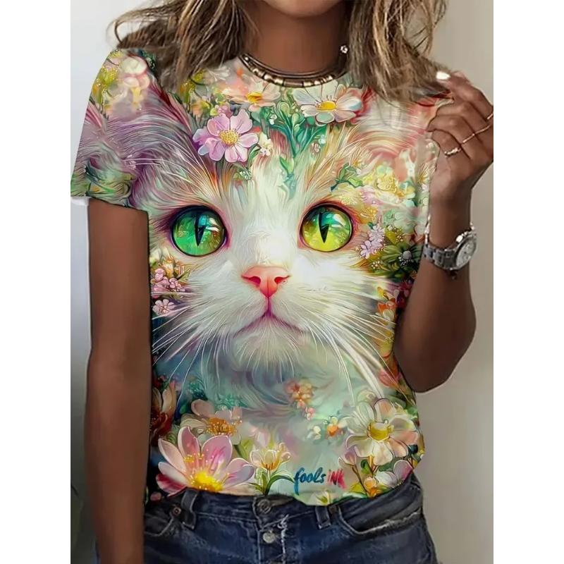 Fashion Women's Crew Neck Short Sleeve 3D Animal Color Printing Animal Short Sleeve Crew Neck T-Shirt