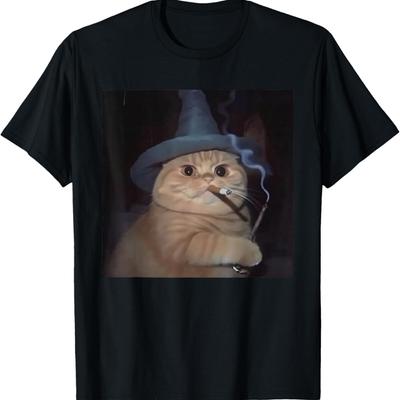 Cute Funny Weird Kitten Wizard Smoking Cat Meme Halloween T-Shirt