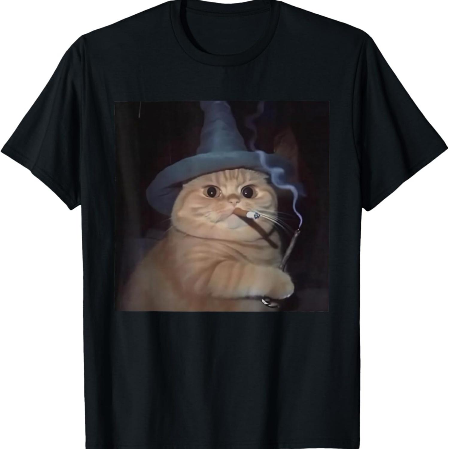 Cute Funny Weird Kitten Wizard Smoking Cat Meme Halloween T-Shirt S