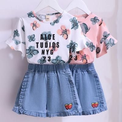 Mädchen Set Sommer Kleines Mädchen Zweiteiliges Set Bedrucktes T-Shirt Kinder Cowboy Shorts Top Hose
