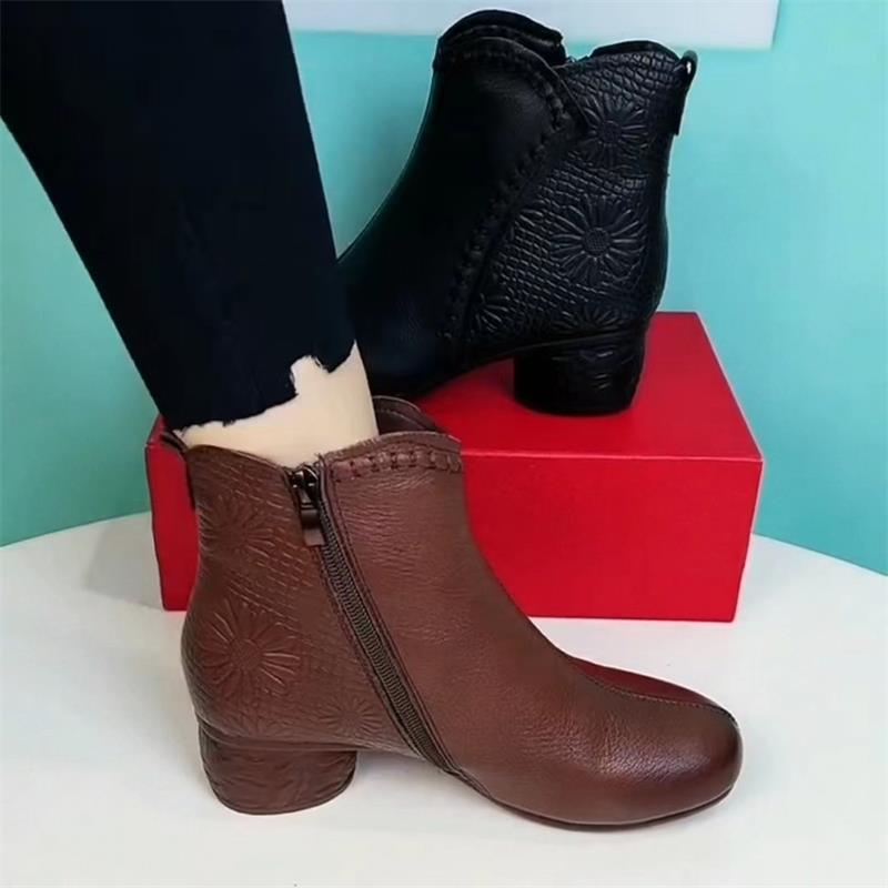 Retro soft leather short boots autumn and winter new cotton boots soft sole non-slip warm snow boots thick heel velvet shoes