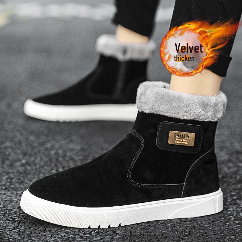 Men's High-Top Snow Boots - Velvet-Lined, Warm Leather, Fur, Slip-On, Winter Cold-Proof.