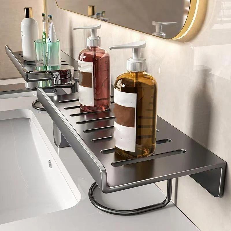 No Drill Carbon Steel Sink Organizer, Wall Mounted Faucet Shelf With Drainage, Bathroom Vanity Countertop Storage Rack For So
