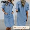 JPNTKY Fashion Summer Spring Solid Color Print POLO Neck Short Sleeve Casual Dresses