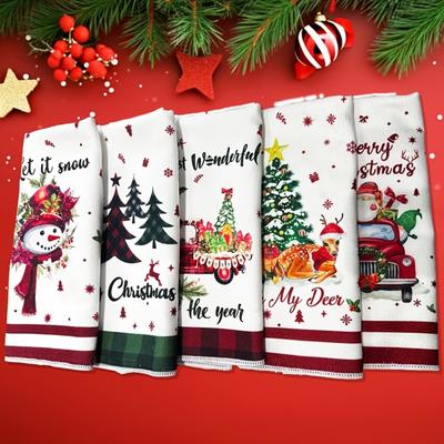 5Pcs Ultra Soft Christmas Dishcloth Towel Quick-drying Reusable Christmas Hand Towel Microfiber Christmas Kitchen Dishcloth