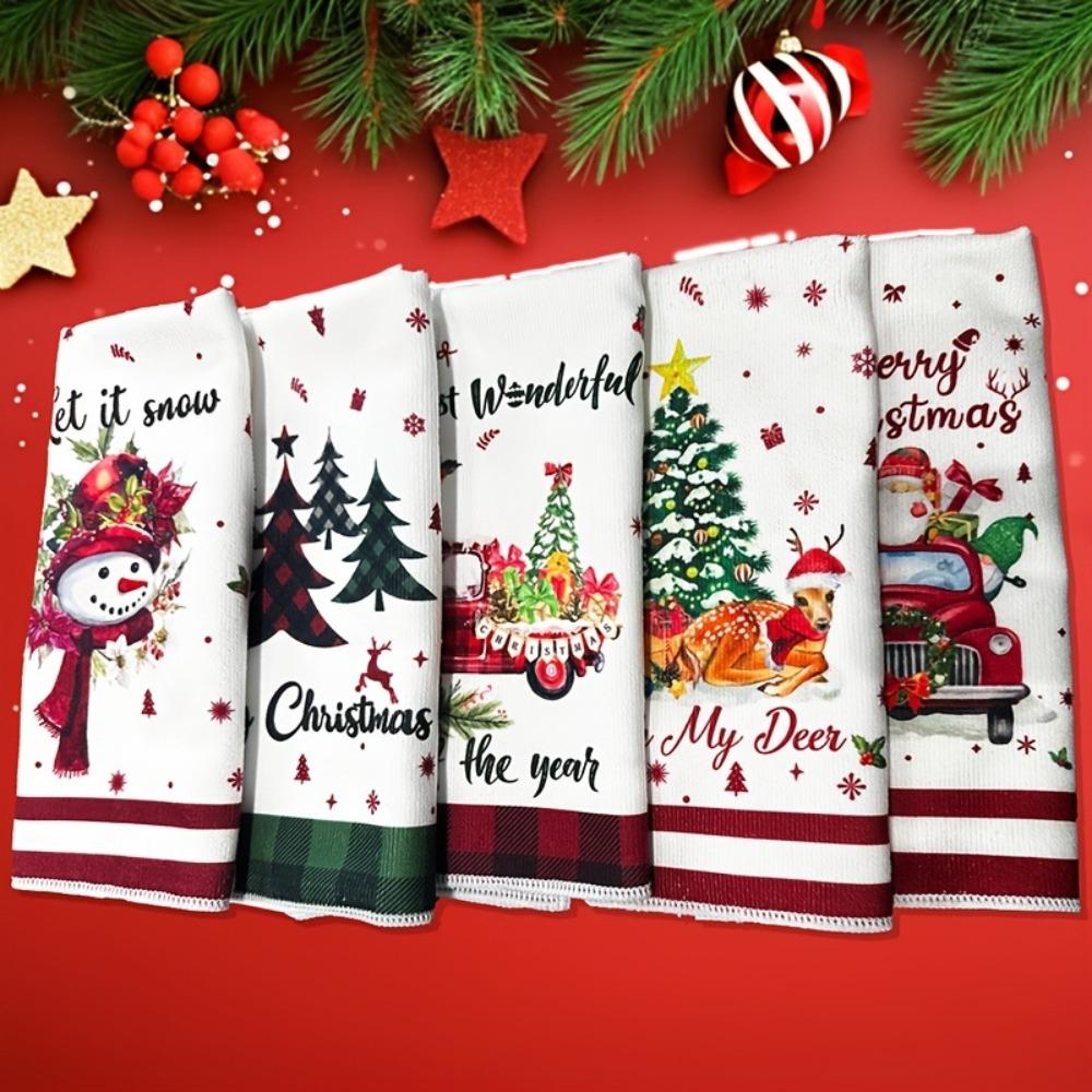 5Pcs Ultra Soft Christmas Dishcloth Towel Quick-drying Reusable Christmas Kitchen Dishcloth Microfiber Christmas Hand Towel