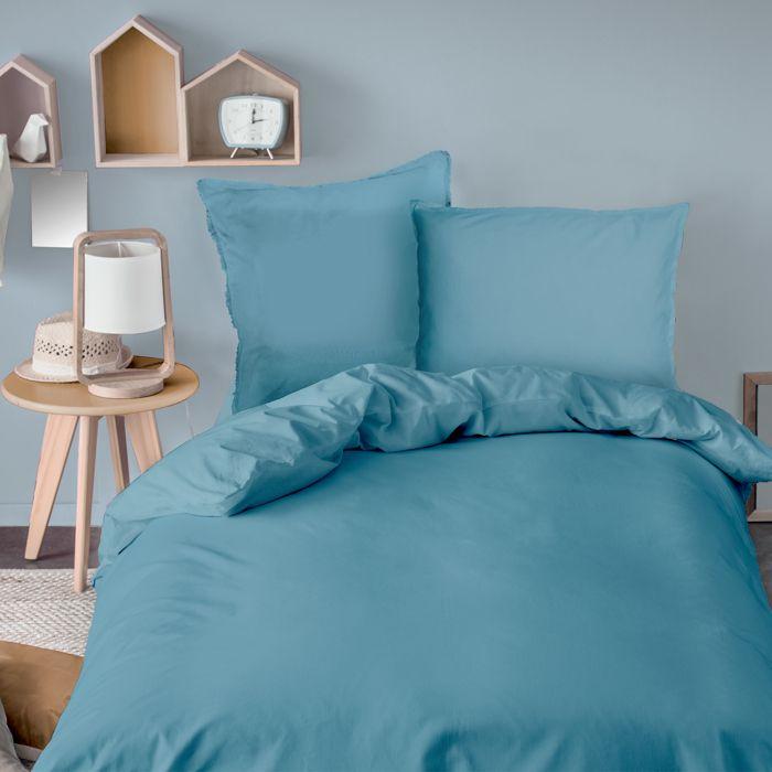 Housse De Couette Unie En Coton, COTON LAVÉ Bleu Glacier 140x200 Cm