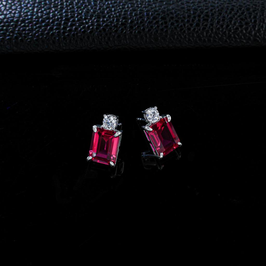 Sterling Silver Ruby Stud Earrings - Emerald Cut Gemstone for Dates, Anniversaries, Business