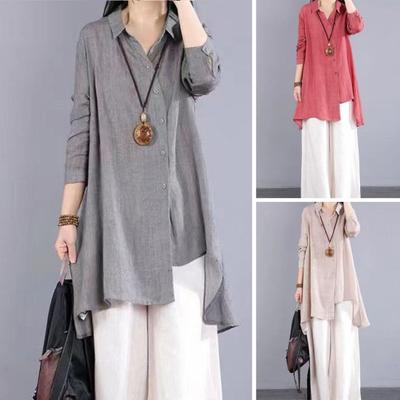 Women Shirt Lapel Long Sleeve Single Breasted Shirt Tops Irregular Hem Solid Color Mid-length Leisure Shirt