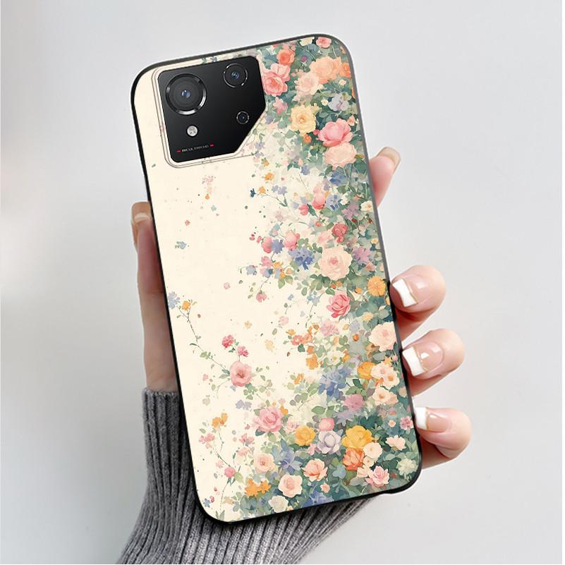 For ASUS ROG Phone 8 Case For ROG Phone 8 Pro Case Capa Soft Silicone Black Shell Cover Cute Flower Cartoon Printing Phone Cases