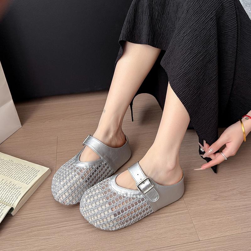 Women's Mesh Sandals Summer Flat Bottom Silver Buckle Round Head Slip-On Mary Jane Single Shoes Breathable Comfort Casual Shoes