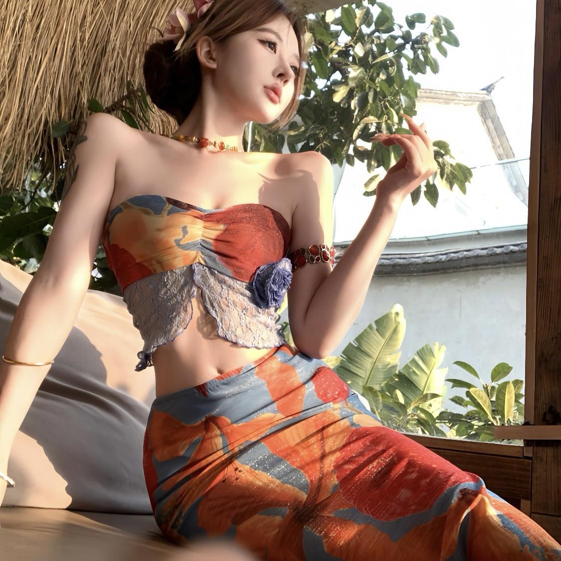 

Island Art Высококлассный Утягивающий Бикини и Раздельный Сексуальный Купальник-Длинное Платье для Горячих Источников Large