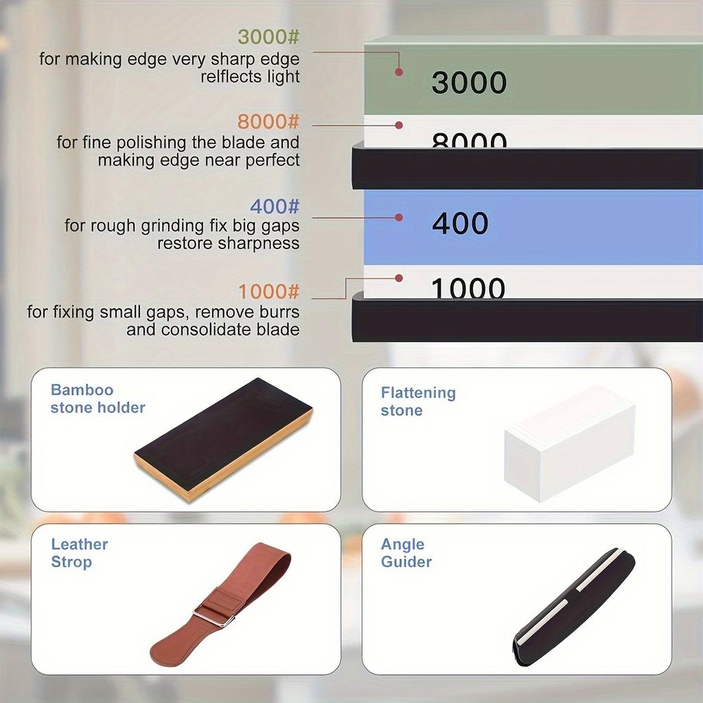 Sharpening Stone Set 4 Side Grit 400/1000 3000/8000, Premium Knife Sharpener, Knife Sharpening Stone Kit with Bamboo Base