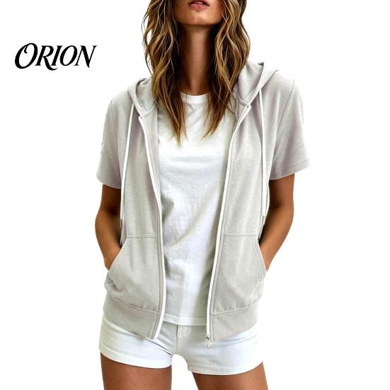 Sudadera Ligera con Capucha para Mujer, Manga Corta, Cremallera, Sudadera Casual con Cordón para Verano, Chaqueta con Capucha y Bolsillos, Suave para Verano