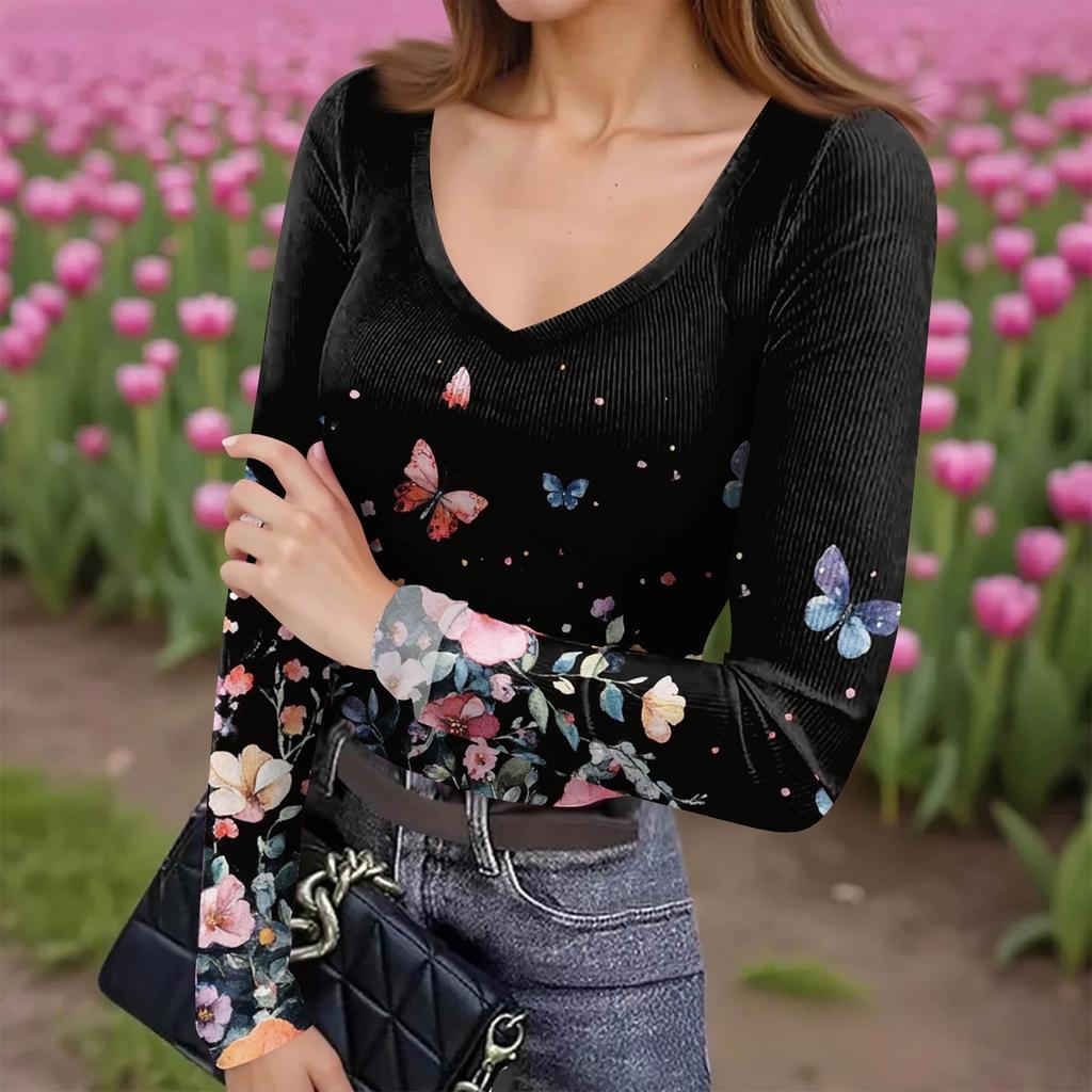 Women's Winter Slim-Fit Base Layer T-Shirt Fashionable Print V-Neck Pullover Long-Sleeved Top