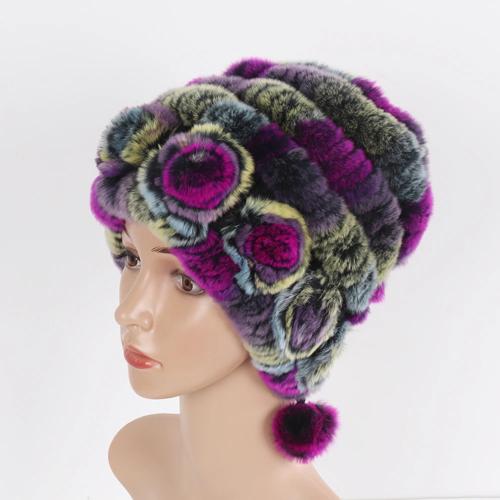 Sale Winter Women Flowers Striped Natural Real Rex Rabbit Fur Hats Lady Warm Knit Genuine Fur Caps Russian Outdoor Fur Hats