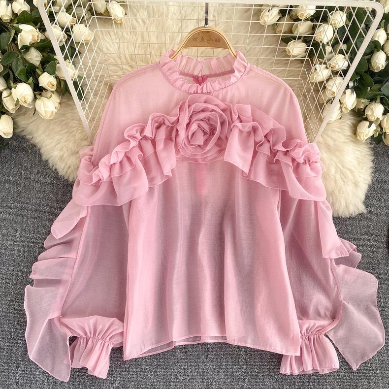 

Женская сетчатая рубашка с нерегулярными оборками, весенне-осенний пуловер, плиссированный топ Niche Slim Chic One size розовый