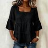 Zomer Dames Effen Linnen Katoen Vierkante Hals Top Kant Patchwork Driekwart Mouw Casual Blouse
