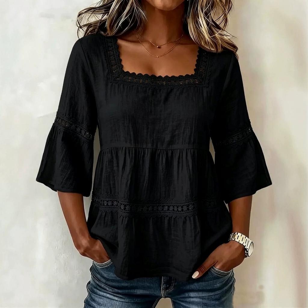 Zomer Dames Effen Linnen Katoen Vierkante Hals Top Kant Patchwork Driekwart Mouw Casual Blouse