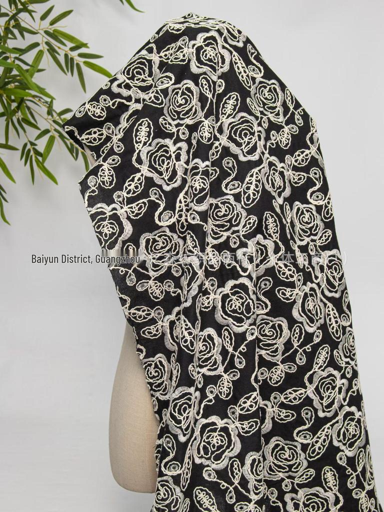 High-Grade Cotton Rose Embroidered Women's Dress Fabric with Hollow Design